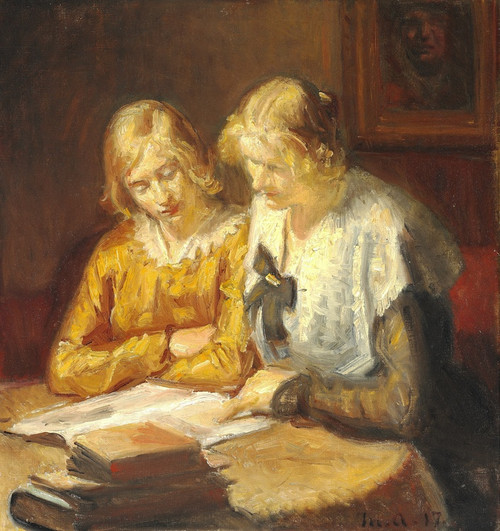 Digital Print - To unge piger sidder ved bordet og lser i en bog by Michael Ancher
