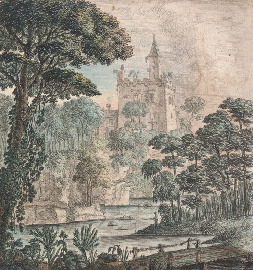 Digital Print - Landscape View of a Ruined Castle with River, Wooden Bridge and a Figure, Fishing by Henry Swinburne