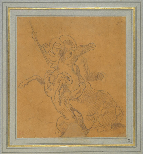 Digital Print - Lion Attacking a Horse with Rider (Sketch for The TigerHunt) by Eugne Delacroix