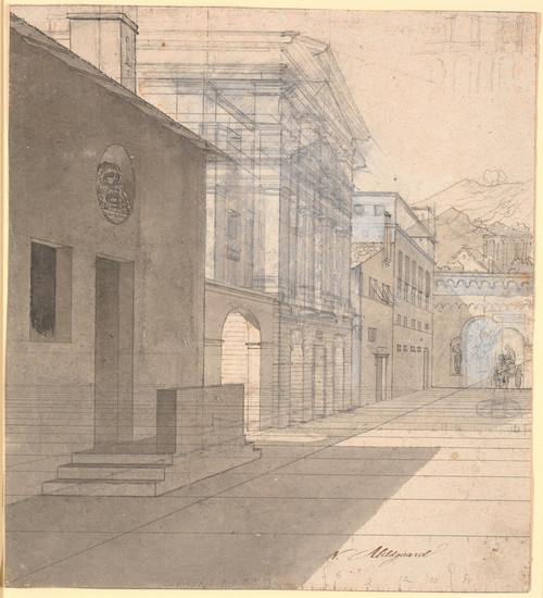 Digital Print - Perspektivisk studie til arkitekturen i billedet af jordemoderen der forlader Androspigens hus by Nicolai Abildgaard