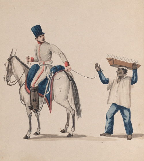 Digital Print - A soldier on horseback holding a rope that secures an enslaved indigenous man who is balancing a basket on his head by Francisco Fierro