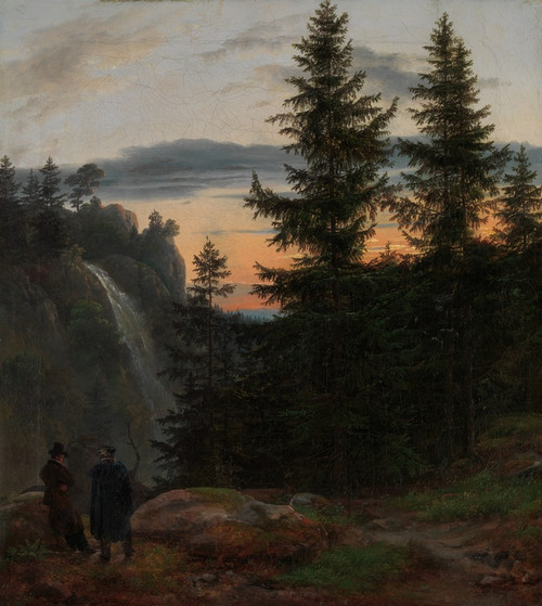 Digital Print - Two Men before a Waterfall at Sunset by Johan Christian Dahl