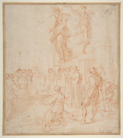 Digital Print - Figure Studies; Woman holding a Shield, a Dancing Female, and a Priest Supported at an Altar before a Group of Onlookers by Bernardino Poccetti