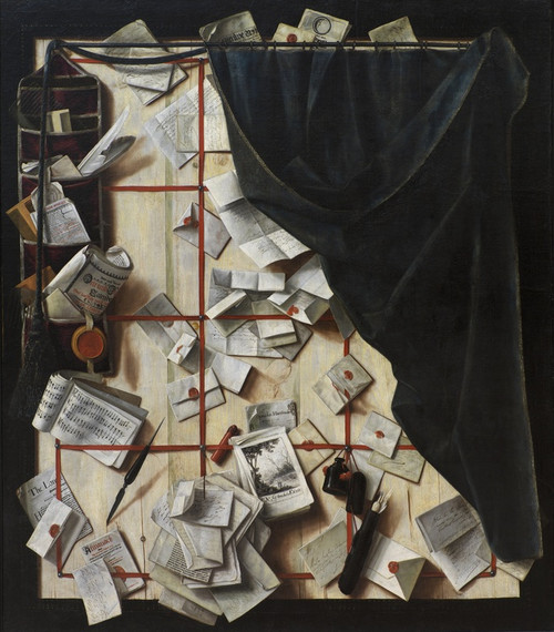 Digital Print - Trompe L'oeil. Board Partition With Letter Rack And Music Book by Cornelius Norbertus Gijsbrechts