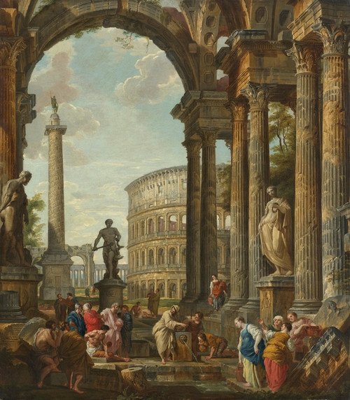 Digital Print - A classical capriccio with the Colosseum, Trajan's column and the Farnese Hercules, with the Philosopher by Giovanni Paolo Panini