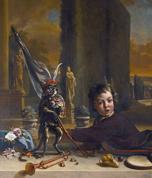 Digital Print - A Trompe L'oeilwith A Boy And A Monkey, A Formal Italianate Garden Beyond by Jan Weenix