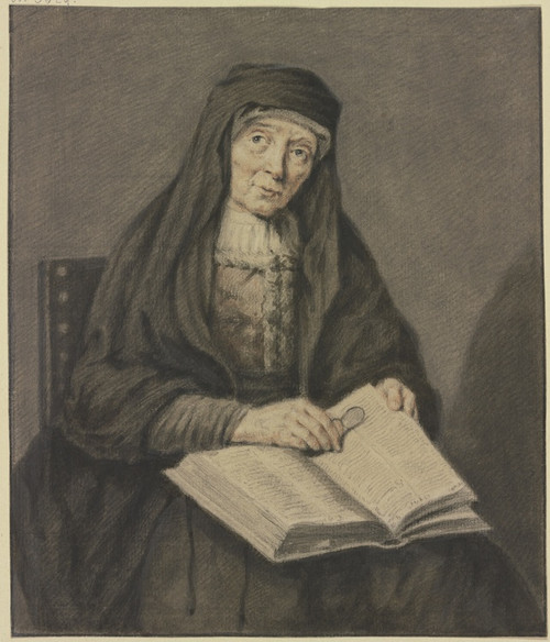 Digital Print - Sitzende alte Frau in einem Buch lesend, sie hlt die Brille in der Hand, Kniestck by Johannes Pieter De Frey