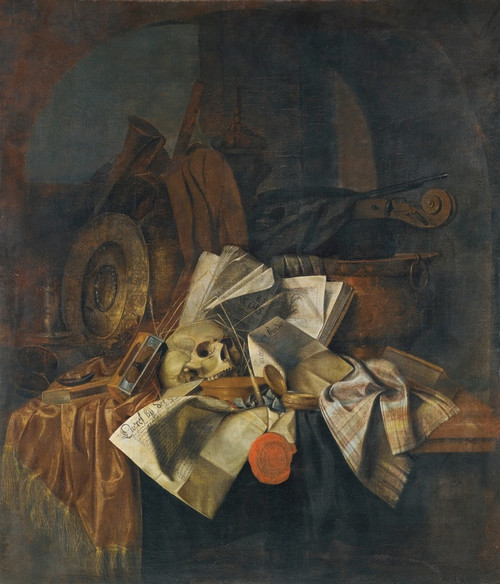 Digital Print - A Vanitas Still Life With A Skull, A Shield, An Hour Glass, Books And Papers On A Tabletop by Franciscus Gijsbrechts