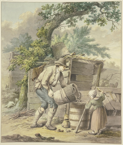 Digital Print - Ein Bauer schttet Kartoffeln in ein Fa, dabei hilft ein Kind by Pieter Bartholomeusz. Barbiers