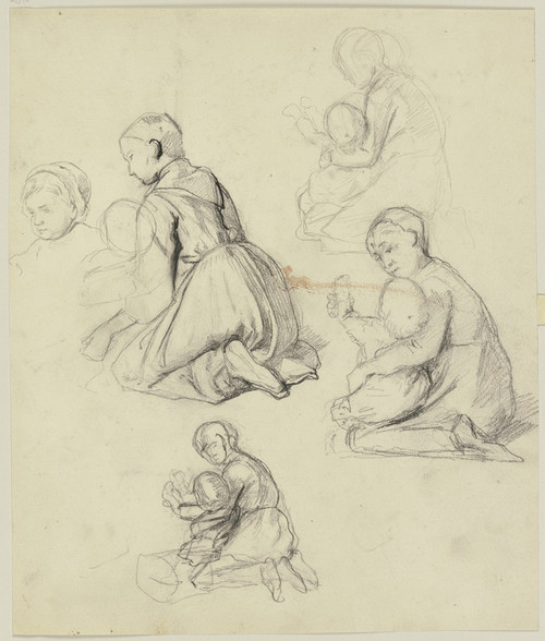 Digital Print - Studienblatt; Auf dem Boden kniende Frau mit Kleinkind in Rckansicht by Jakob Becker