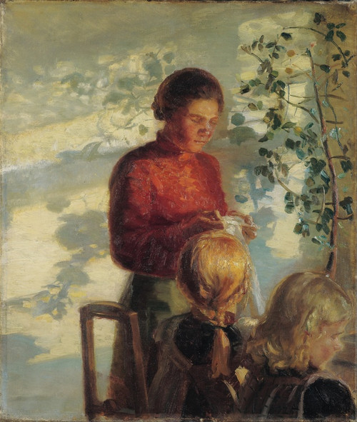 Digital Print - Two little girls being taught how to sew by Anna Ancher