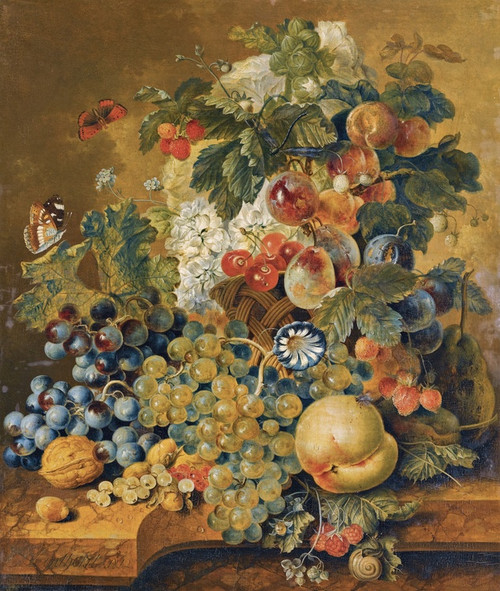 Digital Print - A Still Life With A Basket Of Fruit, NutsAnd Flowers On A Stone Ledge by Jacobus Linthorst
