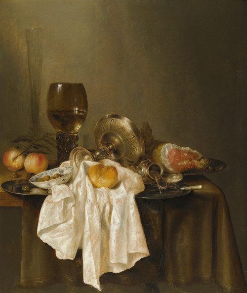 Digital Print - A Banketje Still Life With A Roemer, A Silver Tazza On Its Side, A Ham, Peaches, A Salt Cellar, A Bread Roll And A White Cloth On A Partly Draped Table by Willem Claesz Heda