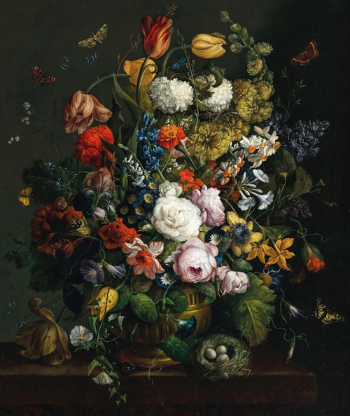 Digital Print - Tulips, daffodils, roses and other flowers in a vase on a stone ledge with butterflies and a birds nest by Johann Baptist Drechsler