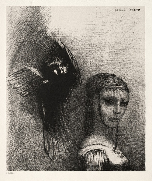Digital Print - And a Large Bird, Descending from the Sky, Hurls Itself against the Topmost Point of Her Hair by Odilon Redon