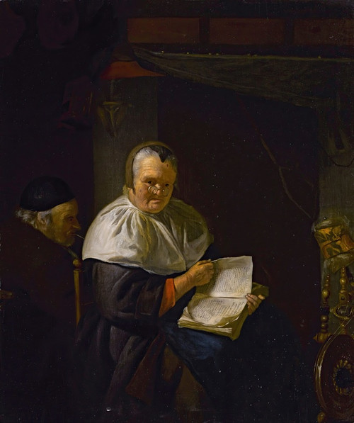 Digital Print - Interior with a woman readingby a spinning wheel, and a man smoking by Anthony van Deyl