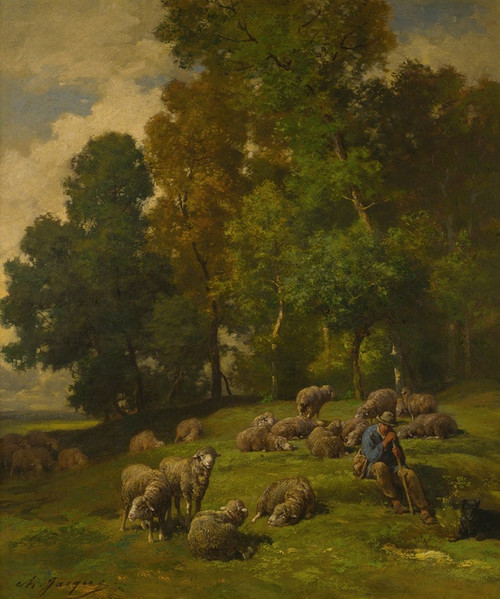 Digital Print - Shepherd In A Field With His Flock by Charles Emile Jacque
