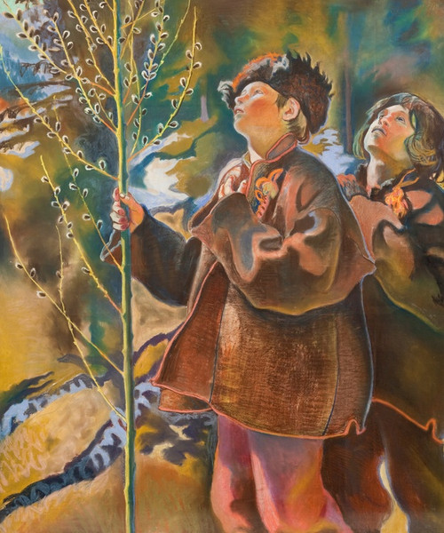 Digital Print - Palm Sunday - triptych. Hutsul boys with catkins by Kazimierz Sichulski
