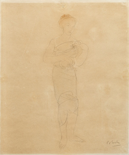 Digital Print - Femme drape debout aux paules dnudes. Motifs de fleurs by Auguste Rodin