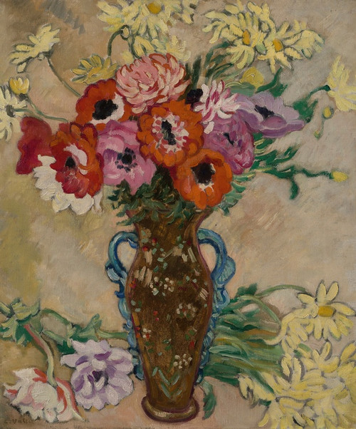 Digital Print - Vase dcor aux anmones et marguerites jaunes de savane by Louis Valtat