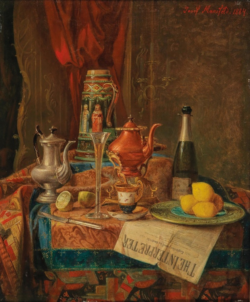 Digital Print - An Opulent Still Life with a Champagne Glass and a Majolica Ewer by Josef Mansfeld