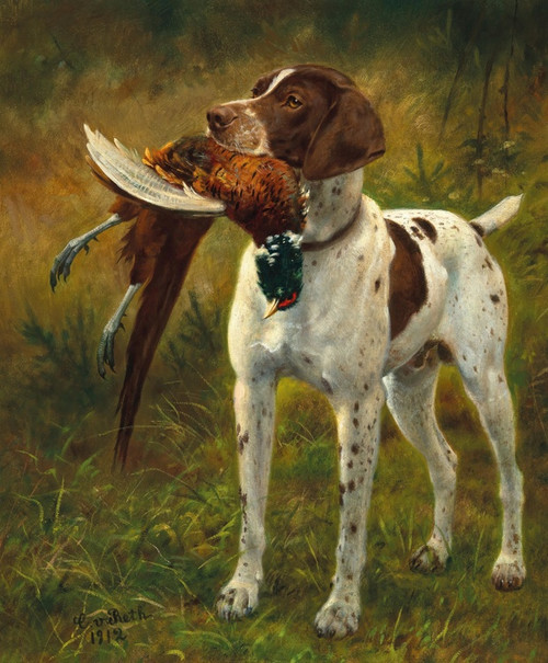 Digital Print - A Hunting Dog with a Pheasant by Caspar von Reth