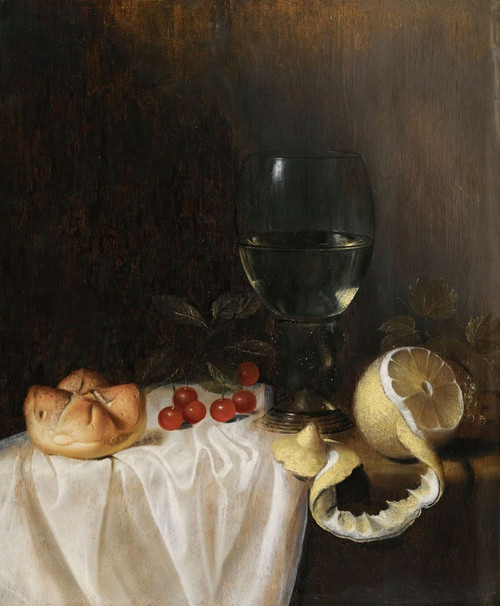 Digital Print - A Still Life With A Roemer, A Peeled Lemon, Cherries And A Bread Roll On A Partly-Draped Table by Gillis Gillisz. de Bergh