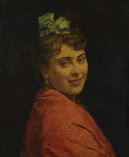 Digital Print - A portait of a lady with a red shawl by Raimundo de Madrazo y Garreta