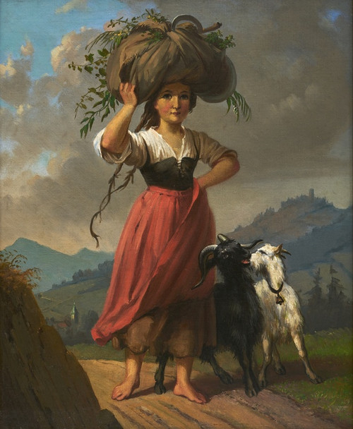 Digital Print - Peasant Girl with Two Goats, Carrying a Bundle of Hay by Dominik Weber