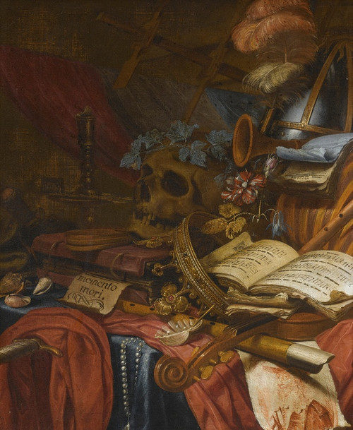 Digital Print - A Vanitas Still Life With A Flute, A Skull, Music Sheets, A Gold Crown, A Dagger, Shells And Other Objects, All Arranged On A Partly Draped Table by Vincent Laurensz. van der Vinne I