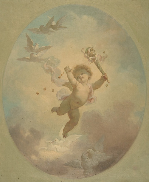 Digital Print - A winged putto and turtle doves by Jules-Edmond-Charles Lachaise