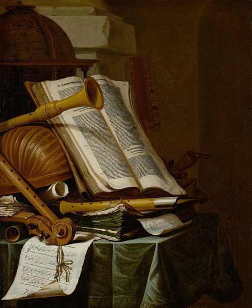 Digital Print - Books, a globe and musical instruments on a draped table by Jan Vermeulen