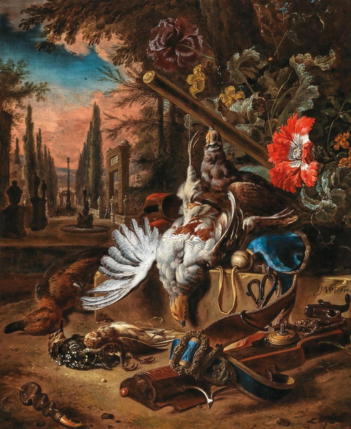 Digital Print - Partridges, songbirds, a duck, a gun and a quailwistle in a parkland landscape by Jan Weenix