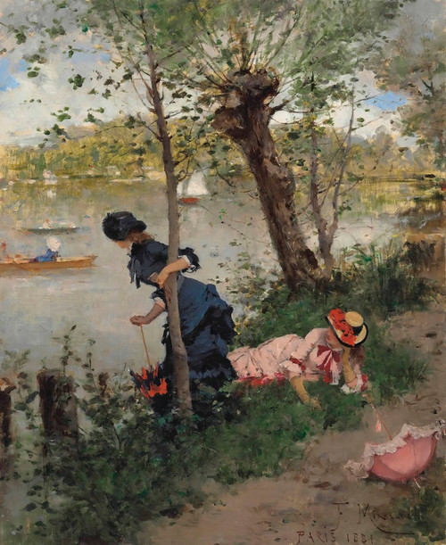 Digital Print - Elegant Ladies resting by a River by Francesc Miralles i Galaup