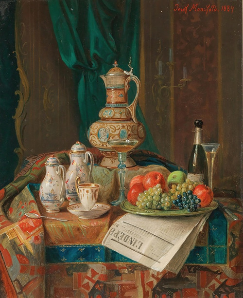 Digital Print - A Still Life with a Historicist Ewer, a Plate of Fruit and a Newspaper by Josef Mansfeld