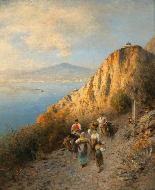 Digital Print - Returning Home from the Market, with Vesuvius in the Background by Albert Flamm