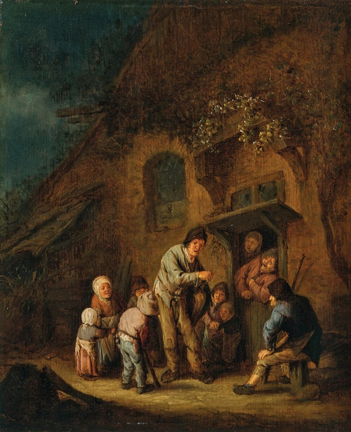 Digital Print - A farmyard with children and peasants listening to a hurdy-gurdy player by Adriaen van Ostade