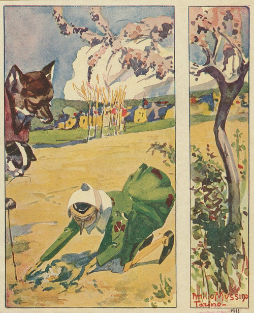 Digital Print - Pinocchio finds the fox and the cat again, and goes with them to sow the gold pieces in the Field of Wonders. by Attilio Mussino
