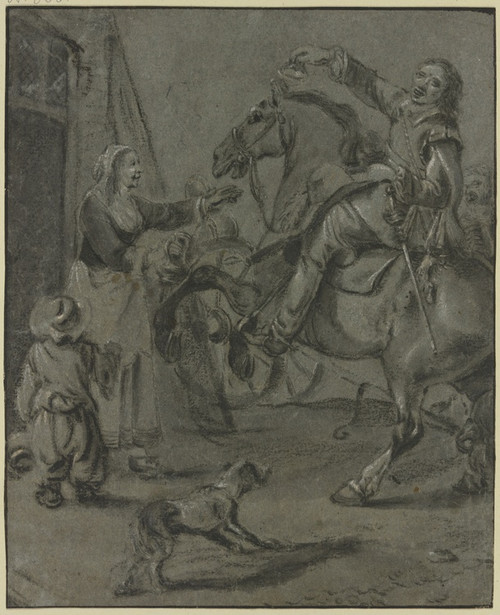 Digital Print - Reiter mit einer Schelle in der Rechten, auf einem sich aufbumendem Pferd sitzend, vor ihm seine ihn begrend aus dem Haus tretende Frau, dabei ein Kind in Rckansicht by Pieter van Laer