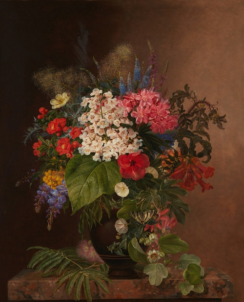Digital Print - Convulvulus, lupins, speedwell and fuschia in a vase by Johan Laurentz Jensen