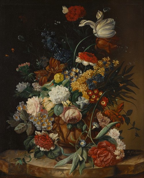 Digital Print - A still life with a bouquet of flowers on a marble ledge by Franz Xaver Pieler