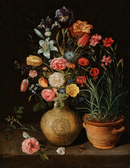 Roses, lilies, an iris and other flowers in an earthenware vase, with a pot of carnations and a butterfly on a ledge (1612) by Clara Peeters Art Print Download