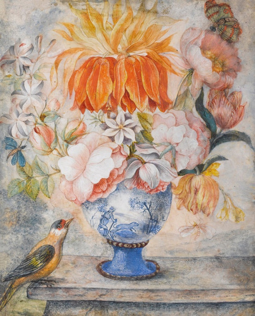 Digital Print - Still Life Of Flowers In A Blue Decorative Vase With A Bird Perched Beside On A Ledge by Dutch School