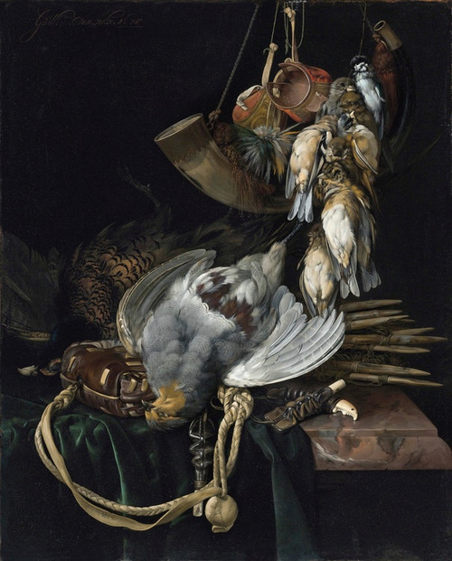 Digital Print - A Partridge, A Pheasant, A Hunting Bag And Traps On A Partially Draped Ledge, Songbirds, A Hunting Horn And Hawking Hoods Hanging Above by Willem van Aelst