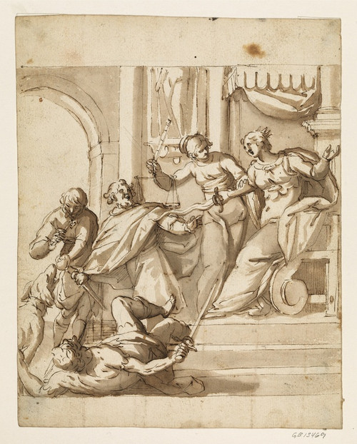 Digital Print - Allegorical composition with Justice restraining an enthroned queen by Antonio Aliense