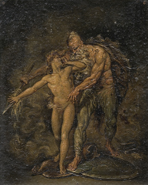 Digital Print - Grijsaard leidt jongeling weg van dreigende achtergrond by David Humbert de Superville