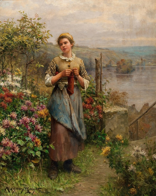 Digital Print - Young Woman Knitting by Daniel Ridgway Knight