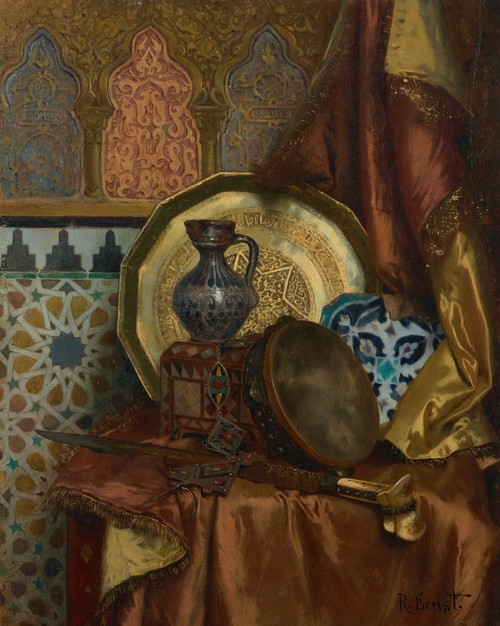 Digital Print - A Tambourine, Knife, Turkish Box, Turkish Jug, Moroccan Tile and Plate on a Satin Covered Table by Rudolf Ernst