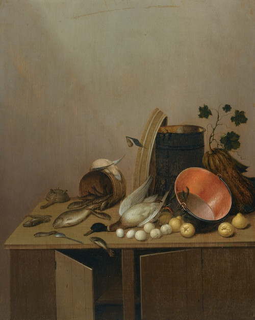 Digital Print - Still Life With A Dead Duck, Fish, Pears, Eggs, A Copper Pot And Other Objects, All Arranged On A Kitchen Cabinet by Gerrit van Vucht