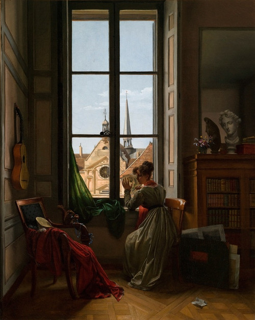 Digital Print - Interior with Young Woman Tracing a Flower by Louise Adone Drlling